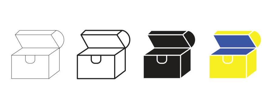 Open treasure chest icon with blue and yellow interior on a white background