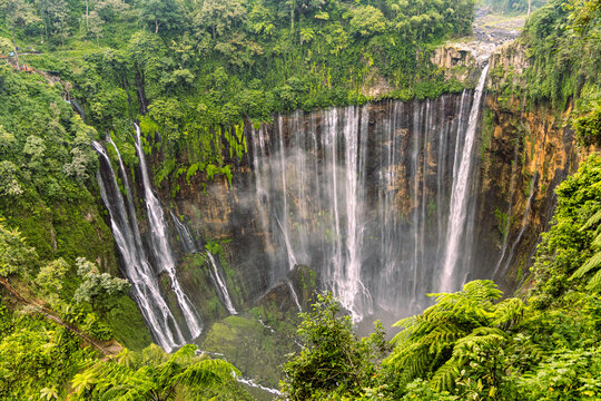 Tumpak Sewu Waterfall in Lumajang, East Java, Indonesia. Hundreds of cascading streams fall from a curved cliff into a lush tropical gorge, surrounded by dense rainforest and rising mist.