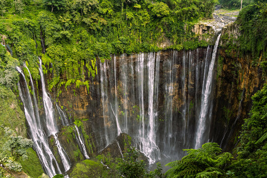 Tumpak Sewu Waterfall in Lumajang, East Java, Indonesia. Hundreds of cascading streams fall from a curved cliff into a lush tropical gorge, surrounded by dense rainforest and rising mist.
