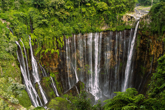 Tumpak Sewu Waterfall in Lumajang, East Java, Indonesia. Hundreds of cascading streams fall from a curved cliff into a lush tropical gorge, surrounded by dense rainforest and rising mist.