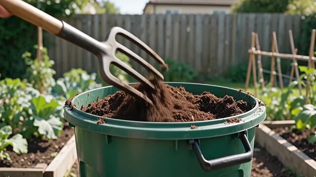 A compost bin being turned with a pitchfork in a backyard garden, sustainable organic waste recycling and eco-friendly gardening practice, photorealistic