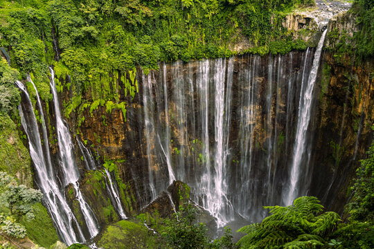 Tumpak Sewu Waterfall in Lumajang, East Java, Indonesia. Hundreds of cascading streams fall from a curved cliff into a lush tropical gorge, surrounded by dense rainforest and rising mist.
