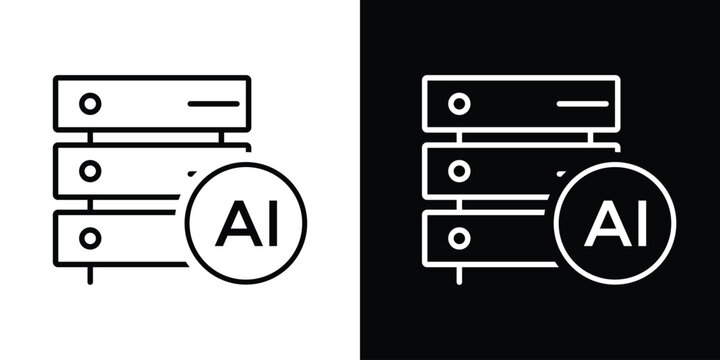 AI Data center server icon set. Database cloud symbols. Artificial intelligence hosting and system network signs