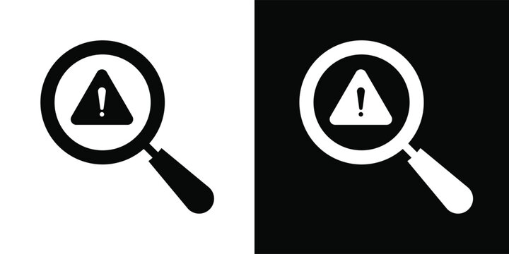 Finding problem search icon set. Analysis troubleshooting symbols. Magnifying glass error and inspection investigation. system diagnostic icons collection