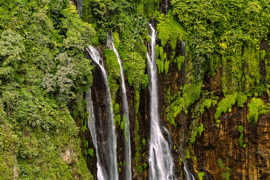 Tumpak Sewu Waterfall in Lumajang, East Java, Indonesia. Hundreds of cascading streams fall from a curved cliff into a lush tropical gorge, surrounded by dense rainforest and rising mist.
