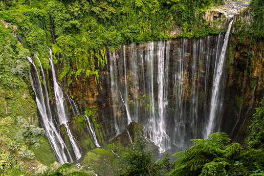 Tumpak Sewu Waterfall in Lumajang, East Java, Indonesia. Hundreds of cascading streams fall from a curved cliff into a lush tropical gorge, surrounded by dense rainforest and rising mist.