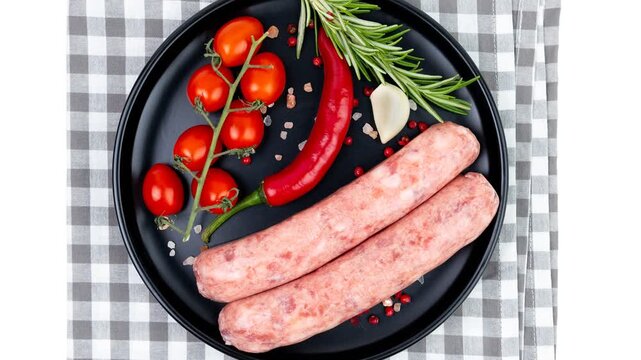 Two raw sausages placed on a black plate alongside vibrant red cherry tomatoes still on the vine, a whole red chili pepper, garlic cloves, and sprigs of fresh rosemary.