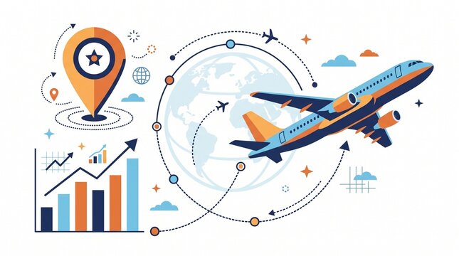 Global travel growth infographic with airplane and location pins