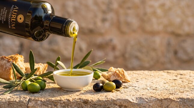 Golden extra virgin olive oil pouring from a dark glass bottle into a ceramic bowl surrounded by fresh olives and branches.