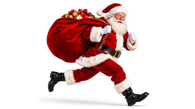 Santa Claus running with a heavy red sack full of gifts isolated on white background