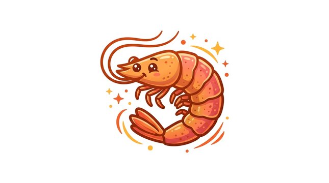 Cute cartoon shrimp character vector illustration isolated on a white background. Sweet prawn mascot with a smiling face and sparkling details