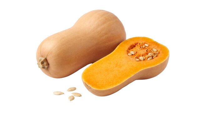 Organic butternut squash and sliced half showing seeds, fresh winter squash for seasonal cooking, raw orange vegetable for healthy autumn meals isolated PNG with Transparent Background