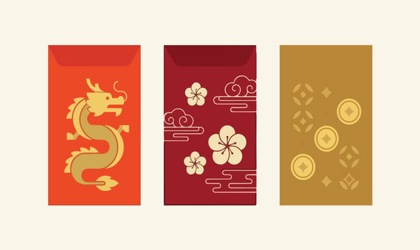 Set of three traditional Chinese New Year red envelopes featuring golden dragon floral plum blossom and lucky coin patterns for lunar celebrations