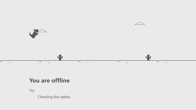 Pixel art dinosaur jumping over cactus obstacles in offline mode