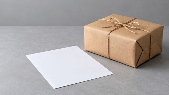 Kraft paper package tied with twine beside a blank white card on a gray surface