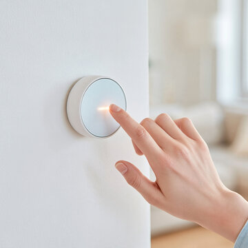 Close Up of Hand Pressing Modern Smart Touch Light Switch on White Wall in Minimalist Home Interior