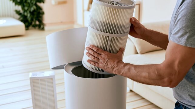 Man removing a cylindrical pleated filter from a home air purifier in a bright living room. HEPA filter replacement, air purifier maintenance and indoor air pollution protection concept