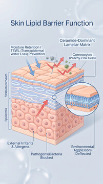 Skin lipid barrier function illustration showing ceramide dominant lamellar matrix, corneocytes, moisture retention, and protection against pathogens, bacteria, and environmental aggressors