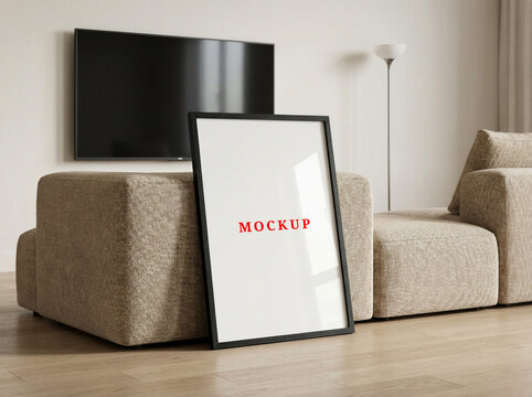 Blank white vertical wooden poster frame mockup template in modern home interior.