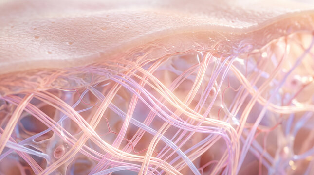 Collagen fiber skin layer elasticity connective tissue healthy structure glowing microscopic biology anatomy smooth youthful science