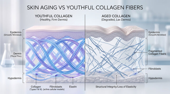 Youthful collagen fibroblast elastin epidermis dermis hypodermis skin aging fiber elasticity wrinkle structure