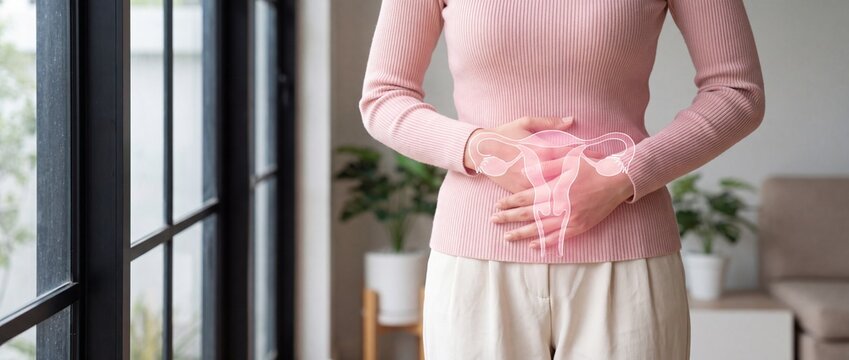 Woman hands touching virtual uterus, female reproductive system , woman health, PCOS, ovary gynecologic and cervix cancer, Healthy feminine concept