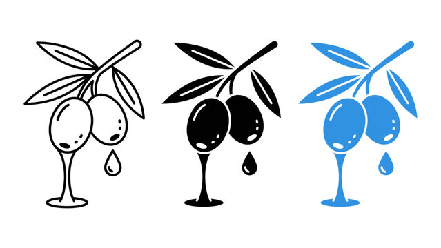 Olive Oil Drop and Branch Vector Icon Set
