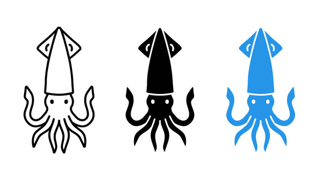 Squid icon vector set in outline silhouette and blue style