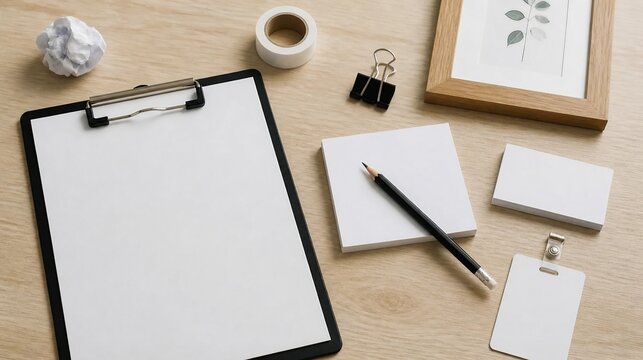 Maqueta papeler&iacute;a corporativa sobre escritorio de madera con carpeta con pinza, bloque de notas blanco, bol&iacute;grafo, tarjeta de visita, clip, identificador y marco decorativo para dise&ntilde;o de marca.
