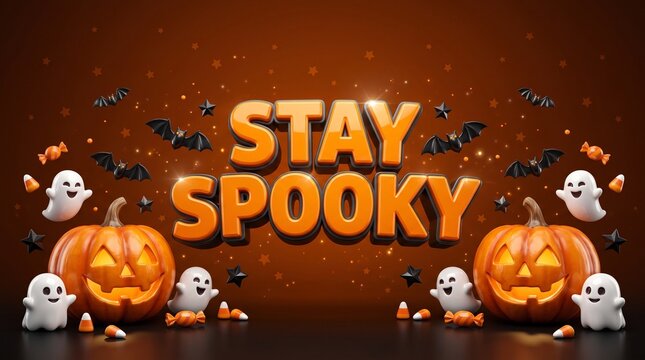 Festive halloween background featuring stay spooky 3d typography with cute ghosts and carved pumpkins for seasonal holiday design