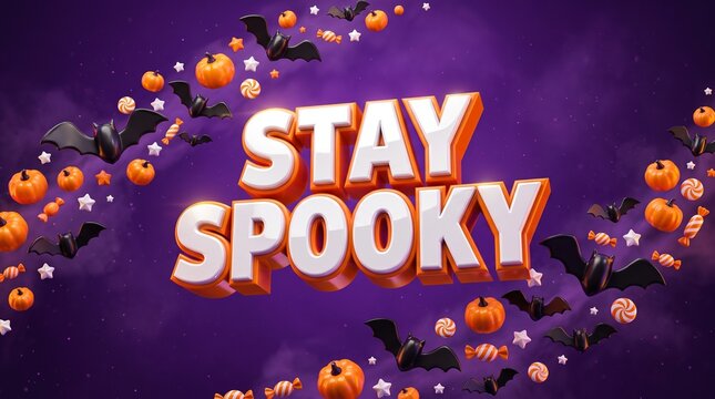 Festive halloween background featuring creative stay spooky 3d typography surrounded by floating pumpkins and bats on purple
