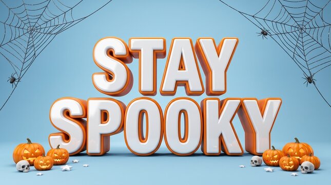 Festive halloween background featuring creative stay spooky 3d typography with pumpkins and spider webs on blue