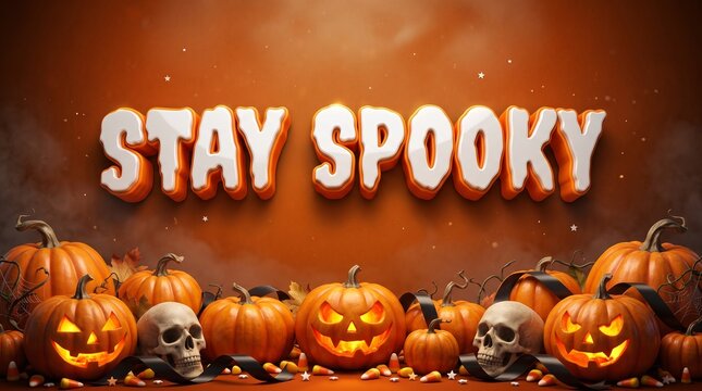 Festive halloween background featuring stay spooky 3d typography with carved pumpkins and skulls for seasonal holiday design projects