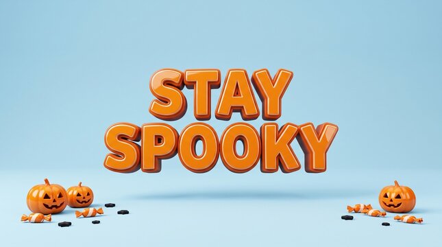 Festive halloween greeting featuring creative stay spooky 3d typography with orange pumpkins on a soft blue studio background