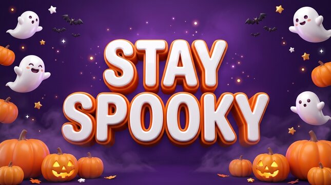 Festive halloween background featuring stay spooky 3d typography with cute ghosts and glowing orange pumpkins on purple