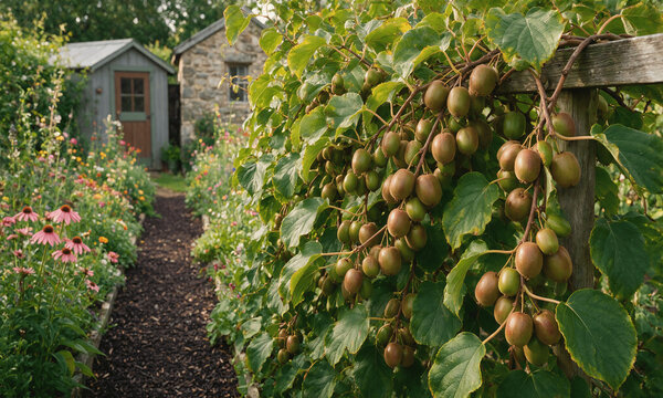 Ripe Kiwifruit Hanging from a Climbing Vine on a Wooden Garden Trellis