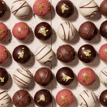 Overhead View of Dark, White, and Pink Chocolate Bonbons with Decorative Toppings