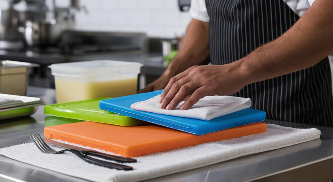 Prep Cook Cleaning Allergen-Safe Color-Coded Cutting Boards in Restaurant Kitchen with Culinary Detail