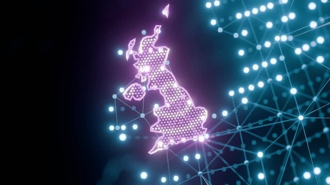 United Kingdom map hologram globe seamless loop glowing pink Britain outline digital the islands shine among blue network nodes for news reports travel promos tech intros education and documentaries