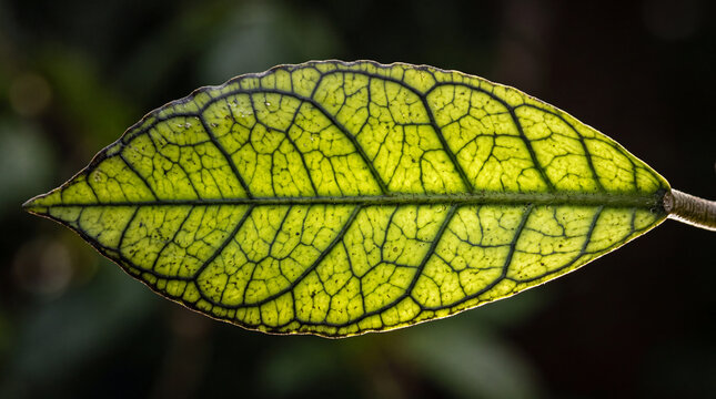 Backlit macro photograph of a Hoya callistophylla leaf showing translucent light green tissue and dark reticulate vein mesh