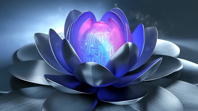 Metallic Lotus Flower Digital Art With Dark Blue Petals And Glowing Purple Core Center in Futuristic Style