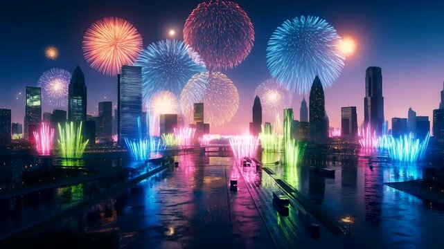Vibrant City Skyline Fireworks Display Over Urban Riverfront at Night Celebrating New Year