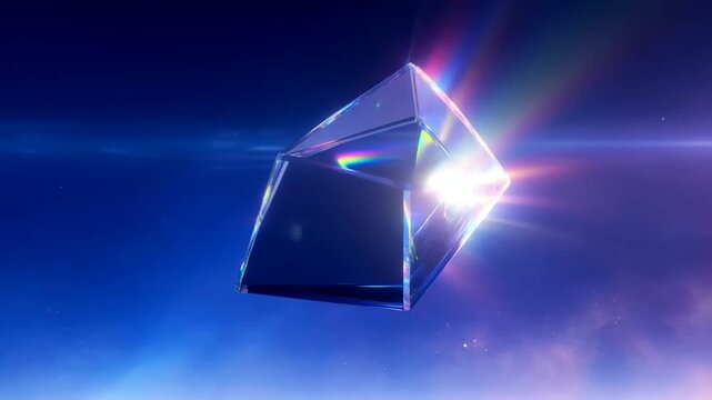 Glass Crystal Prism Refracting Bright Light Beam in Dark Blue Cosmic Space Atmosphere Optics Science