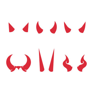 Set of various red devil horns in flat cartoon style with demon horns