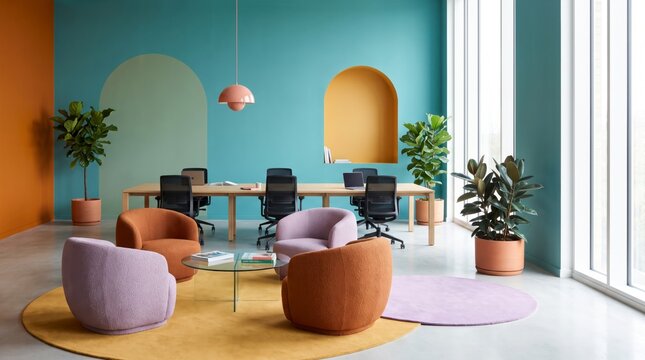 Welcoming office lounge with lavender and terracotta armchairs, teal arch wall and mustard rug