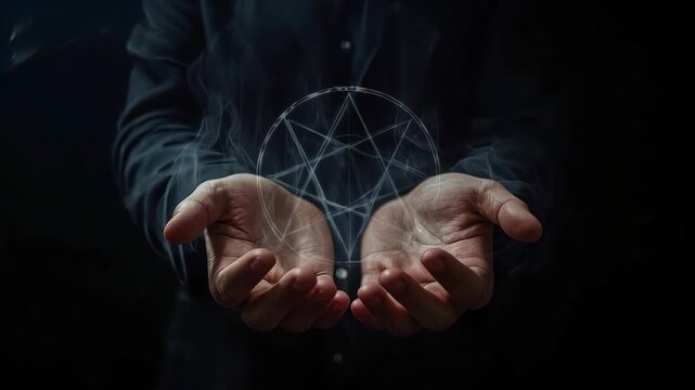 Person Holding Open Hand Over Glowing Occult Symbol in Mystical Dark Background Smoke