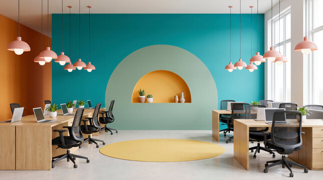 Collaborative coworking office with peach pendant lamps, oak desks, mesh chairs and sage arch