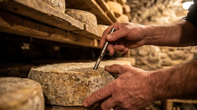 Close up of artisan cheesemaker hands using cheese trier tool to sample aged cheese wheel in rustic cellar