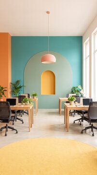 Airy workspace with rows of oak desks, ergonomic chairs, laptops, pendant lamp and yellow rug