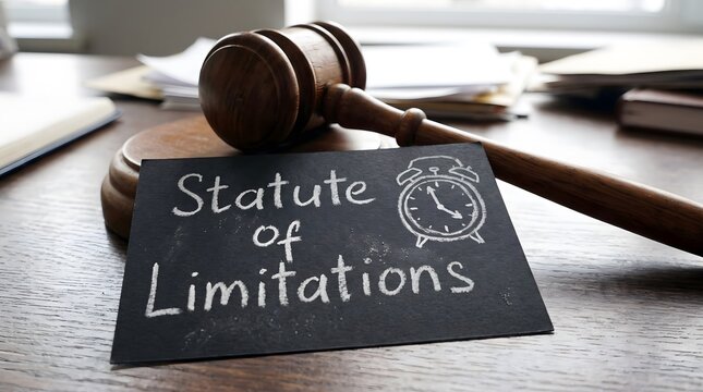 Statute of limitations card with alarm clock drawing and wooden gavel on desk, legal deadline, time limit to file lawsuit and civil or criminal case timeframe concept